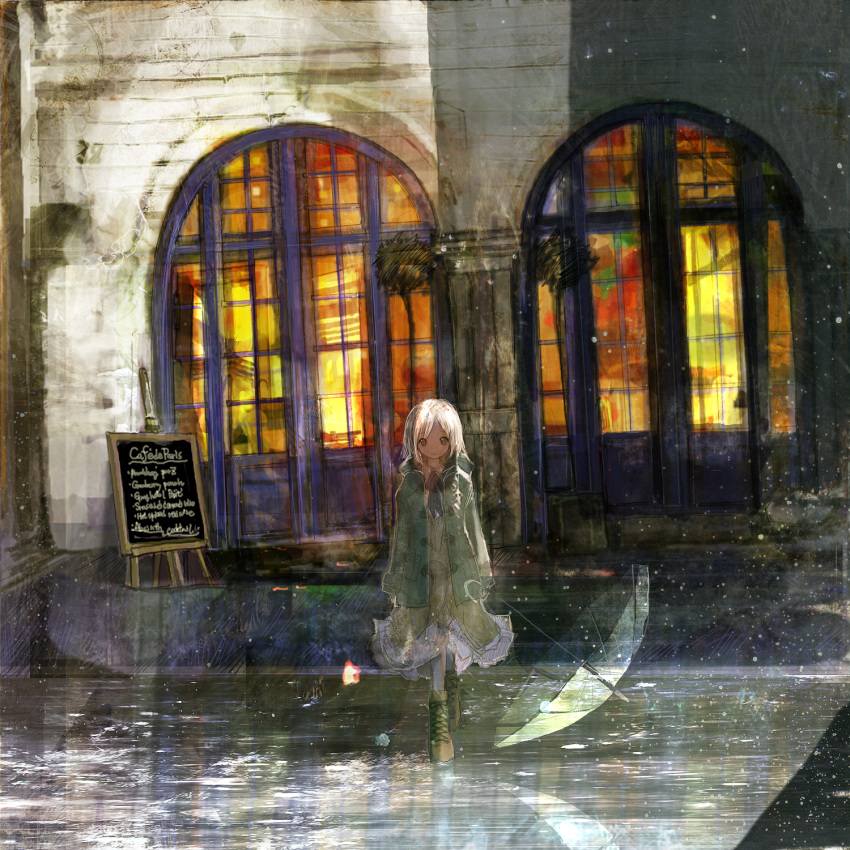 1girl, 86thunder, boots, brown_eyes, cafe, coat, collared_shirt, commentary_request