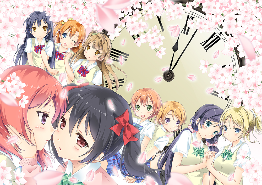 6+girls, ayase_eli, black_hair, blue_eyes, bow, cherry_blossoms, clock, green_eyes