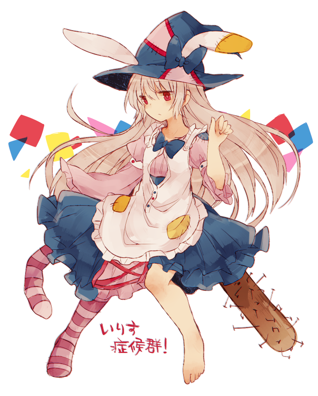 1girl, animal_ears, animal_hat, bangs, barefoot, baseball_bat, bow, bowtie