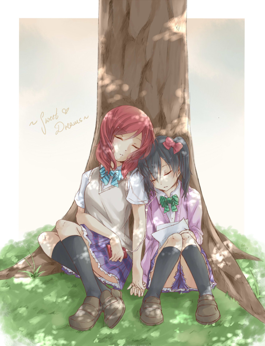 2girls, against_tree, black_hair, black_legwear, bow, brown_shoes, closed_eyes, collared_shirt