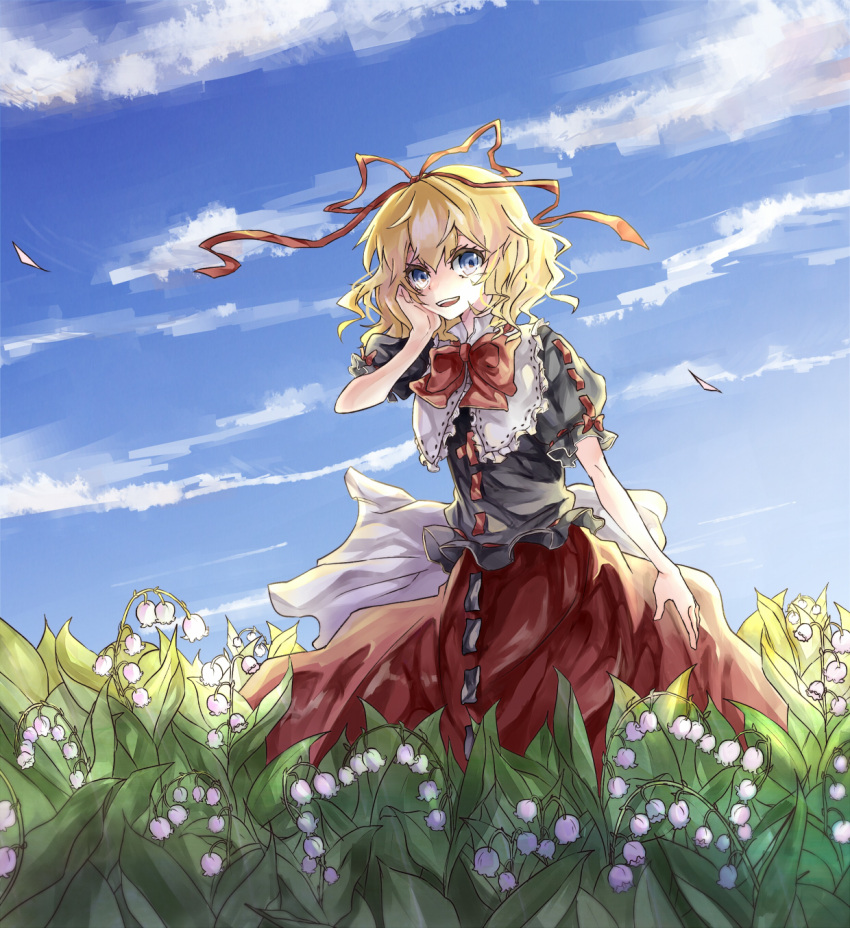 1girl, black_shirt, blonde_hair, blue_eyes, blue_sky, bow, clouds, collar, field, flower, hair_ribbon, hand_on_own_cheek, highres, lily_of_the_valley, long_skirt, medicine_melancholy, open_mouth, puffy_short_sleeves, puffy_sleeves, red_skirt, ribbon, ribbon-trimmed_clothes, ribbon-trimmed_skirt, ribbon-trimmed_sleeves, ribbon_trim, short_hair, short_sleeves, skirt, sky, smile, solo, standing, sunlight, teeth, touhou, wind, zhu_xiang