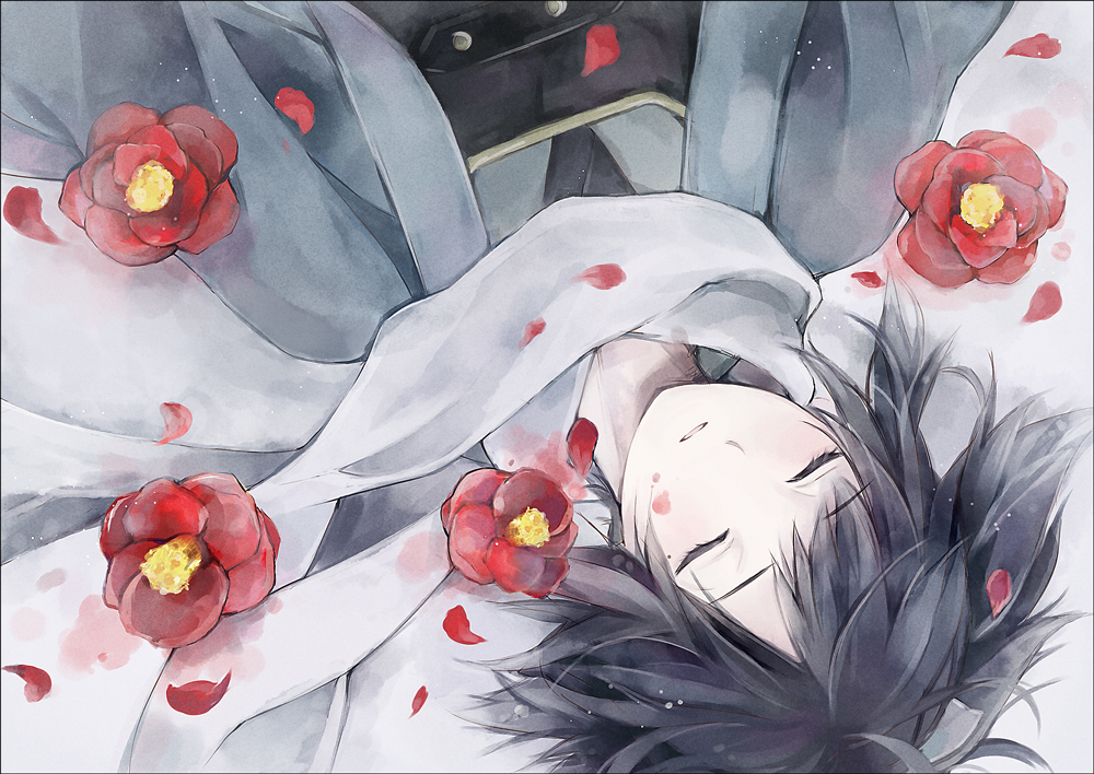 1boy, atea, black_border, border, closed_eyes, flower, haori, japanese_clothes