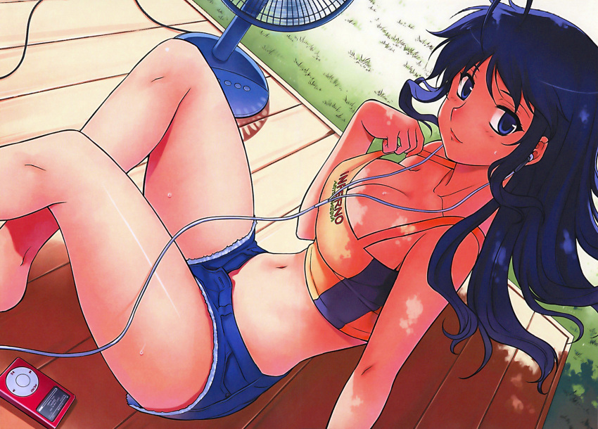1girl, absurdres, aflame_inferno, ahoge, bare_legs, barefoot, blue_eyes, blue_hair