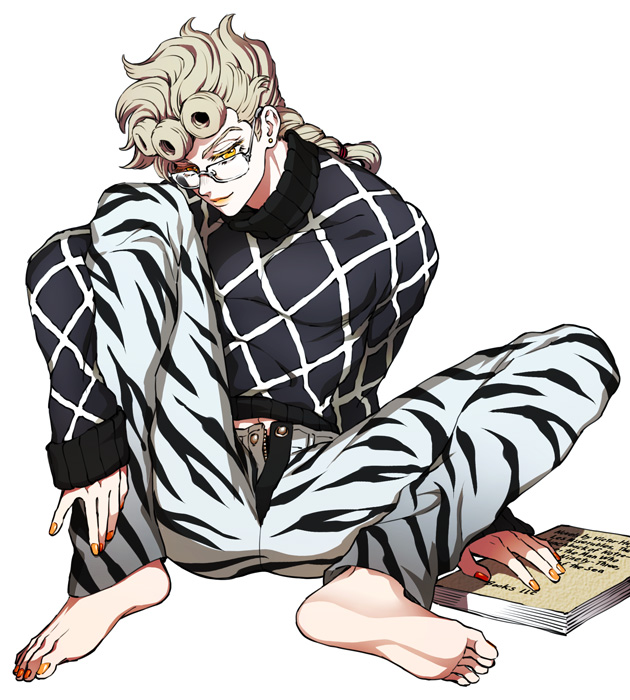 1boy, argyle_sweater, barefoot, bespectacled, book, giorno_giovanna, glasses, guido_mista