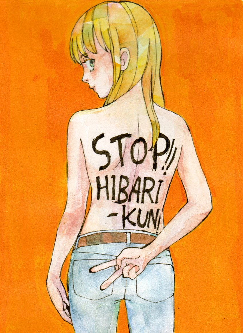 1boy, absurdres, bare_back, belt, blonde_hair, body_writing, bodypaint, denim