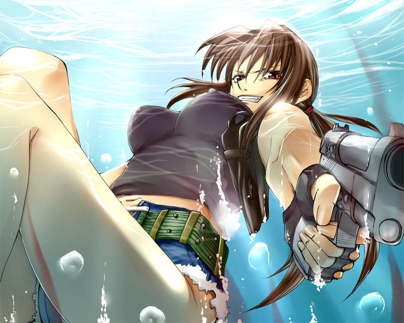 belt, black_lagoon, brown_hair, denim, denim_shorts, erect_nipples, fingerless_gloves, gloves