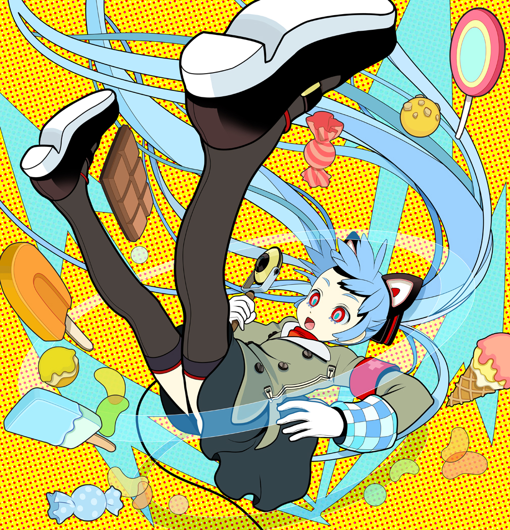 1girl, animal_ears, bangs, cable, candy, cat_ears, chocolate_bar, directional_arrow, double-breasted, falling, foreshortening, gloves, hatsune_miku, ice_cream_cone, jelly_bean, lollipop, microphone, open_mouth, pale_skin, polka_dot, polka_dot_background, popsicle, ringed_eyes, sakamoto_kouji, shoes, skirt, solo, thigh-highs, twintails, vocaloid, zipper