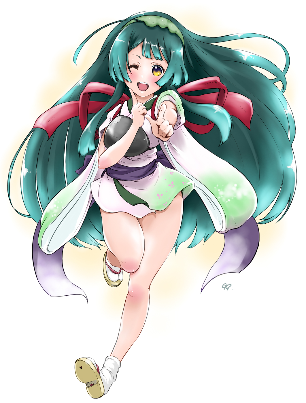 1girl, blush, get9, green_hair, hairband, highres, long_hair, looking_at_viewer