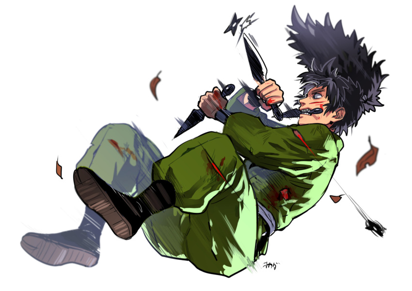 1boy, black_hair, blood, cuts, dodging, dual_wielding, falling, injury