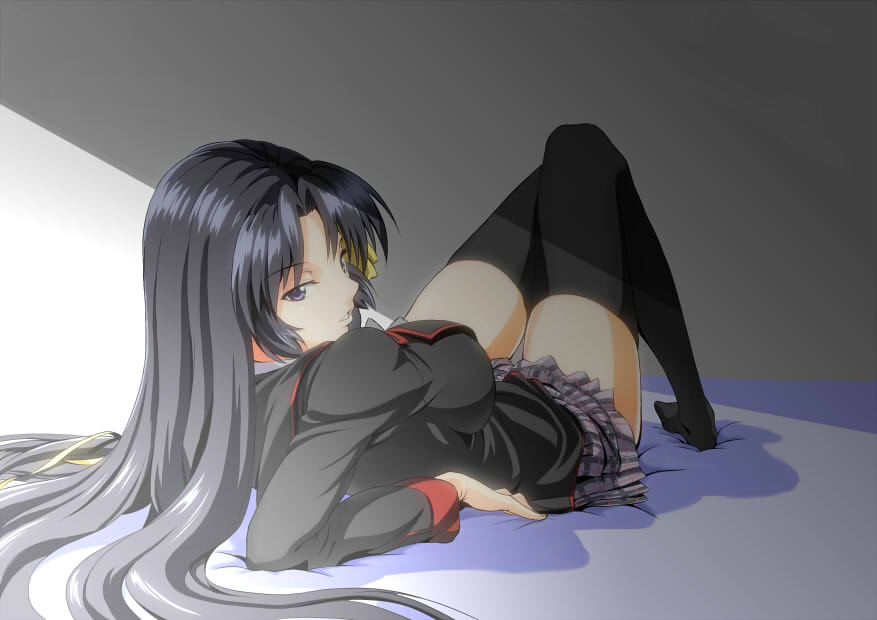 1girl, arm_support, black_hair, hair_ribbon, kurugaya_yuiko, little_busters!!, long_hair, lying, ribbon, school_uniform, thigh-highs, violet_eyes, wakoudo