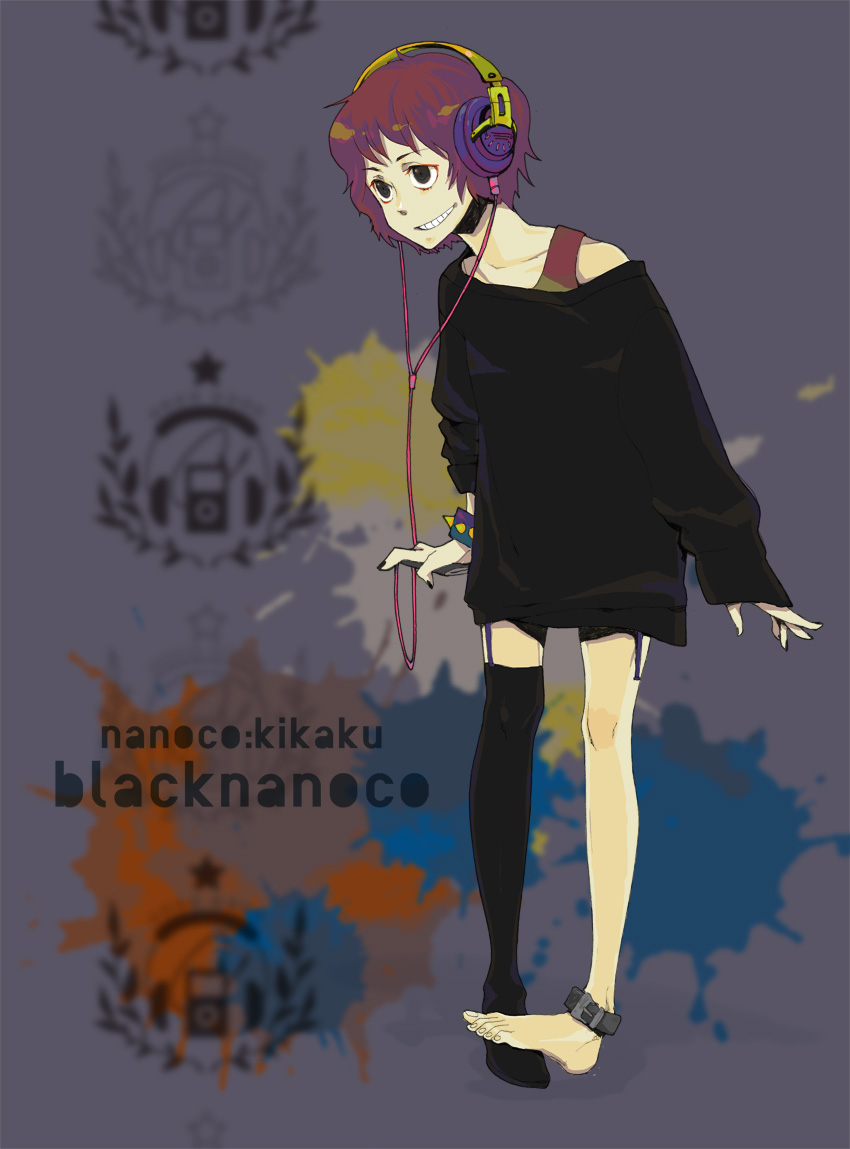 barefoot, belt, black_eyes, bob_cut, bracelet, brown_hair, commentary, commentary_request