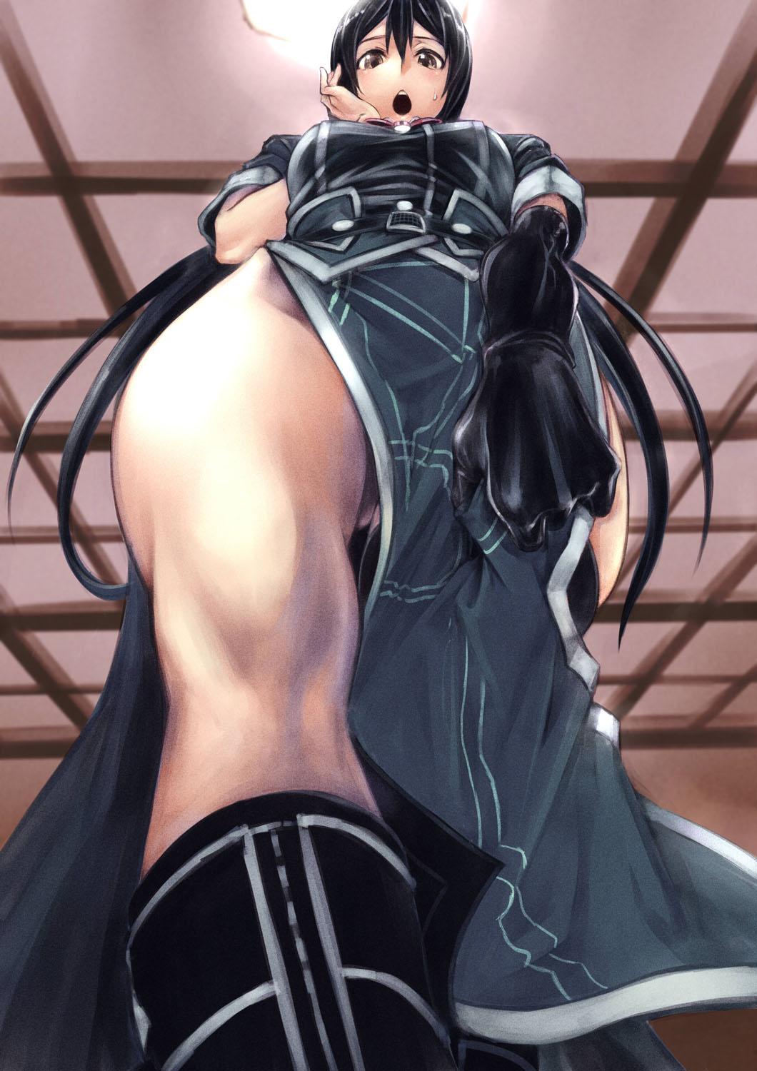 black_hair, chikuma_(kantai_collection), foreshortening, highres, kantai_collection, long_hair, side_slit, skirt