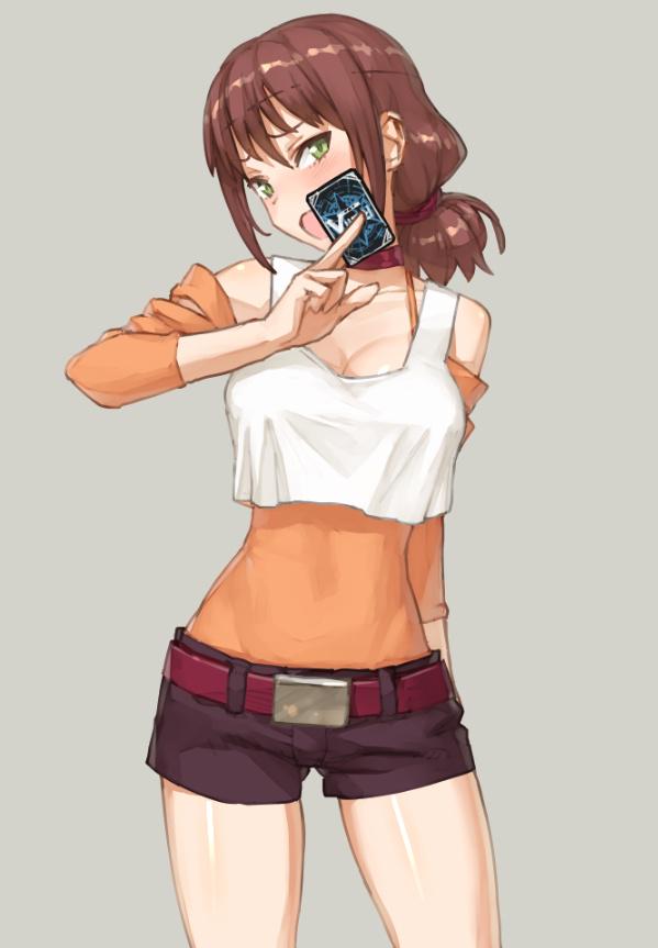 brown_hair, card, cardfight!!_vanguard, ponytail, shoe-ji, shorts, tank_top, usui_yuri