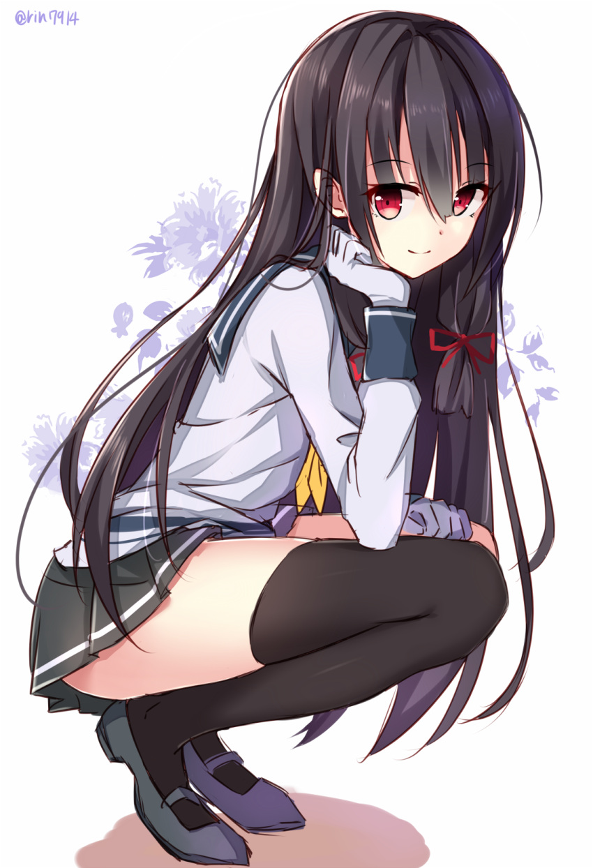 black_hair, gloves, highres, isokaze_(kantai_collection), kantai_collection, long_hair, nikkunemu, red_eyes, school_uniform, serafuku, skirt, squatting, thigh-highs