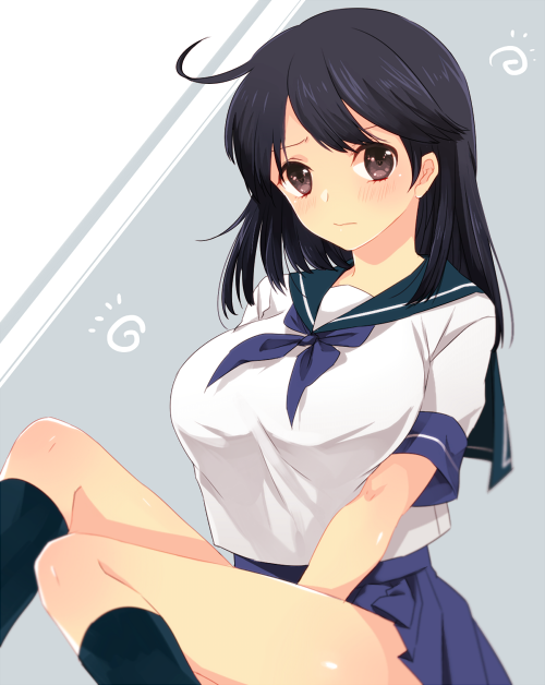 1girl, ahoge, black_hair, breasts, hinase_kei, kantai_collection, large_breasts, long_hair