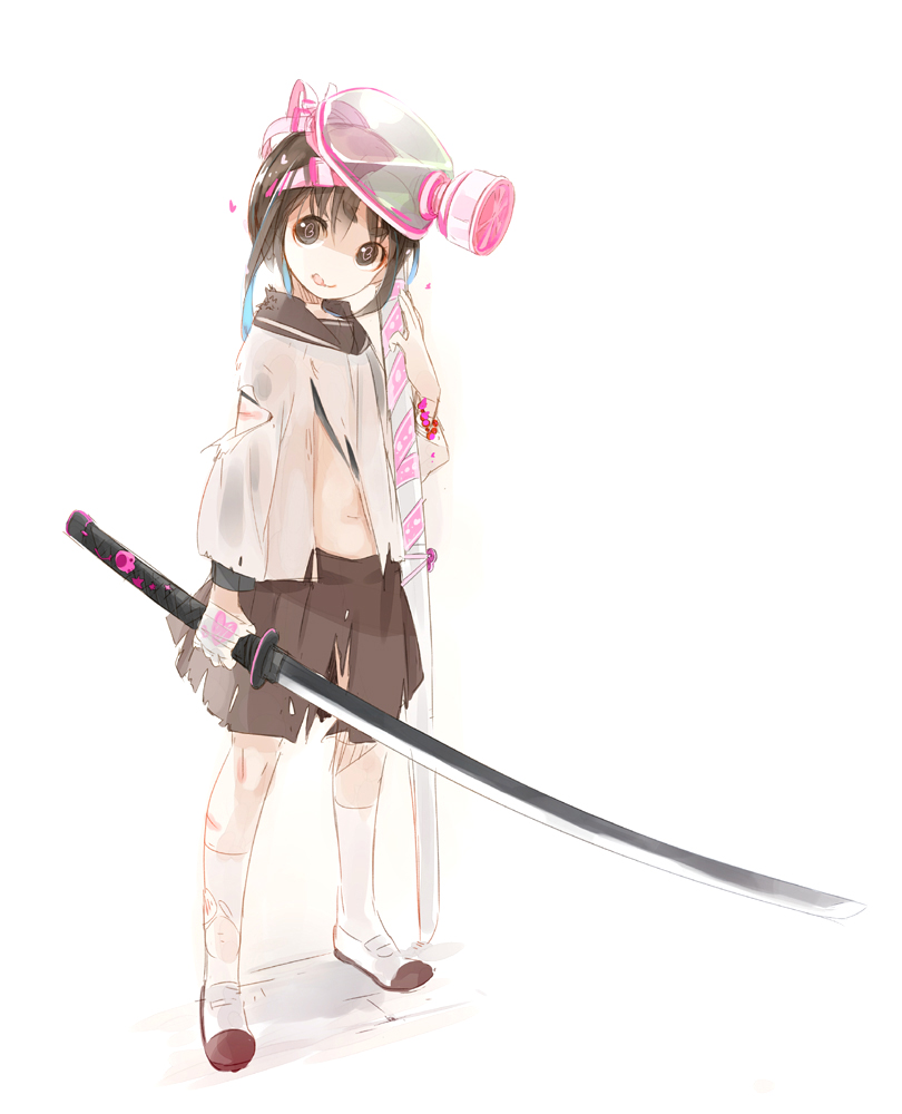 1girl, :q, akaume, brown_eyes, brown_hair, gas_mask, injury, katana