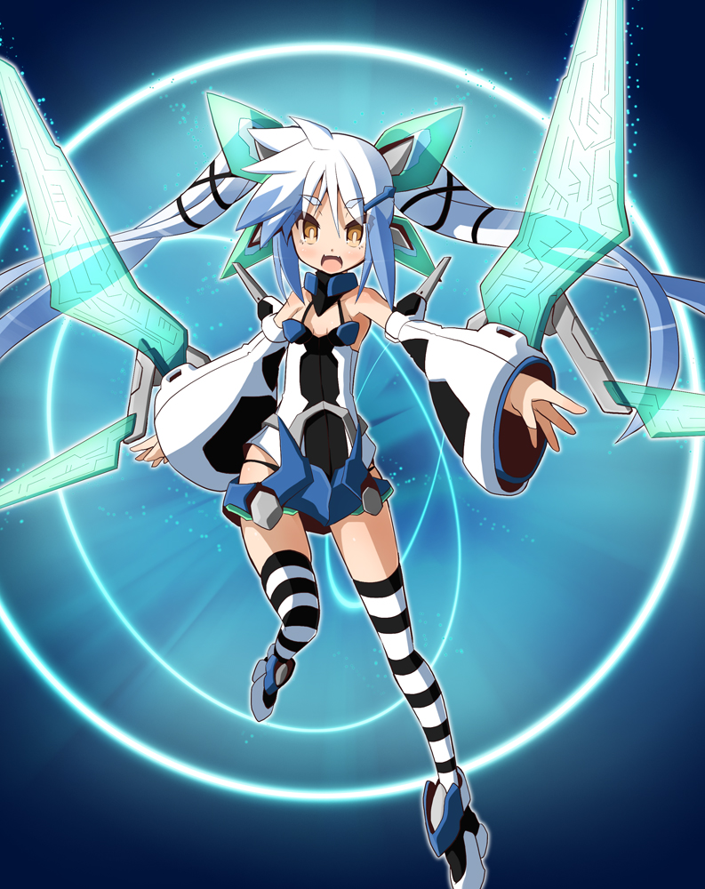 1girl, :d, blue_hair, brown_eyes, clear_wing_synchro_dragon, detached_sleeves, duel_monster, garoudo_(kadouhan'i), long_hair, multicolored_hair, open_mouth, personification, smile, solo, striped, striped_legwear, thigh-highs, twintails, very_long_hair, white_hair, yuu-gi-ou, yuu-gi-ou_arc-v, zettai_ryouiki