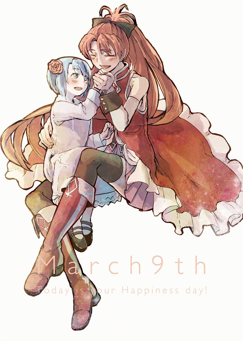 2girls, blue_eyes, blue_hair, bow, child, dated, dress, flower