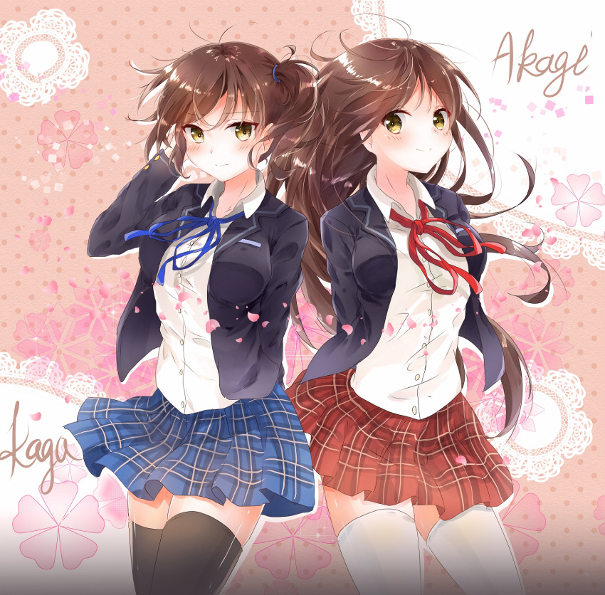 2girls, akagi_(kantai_collection), brown_eyes, brown_hair, highres, kaga_(kantai_collection), kantai_collection, kurana