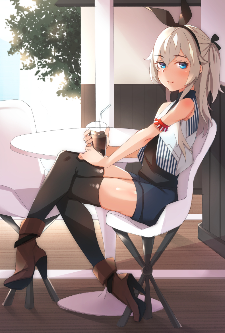 1boy, arm_garter, bare_shoulders, black_legwear, blonde_hair, boots, casual, contemporary
