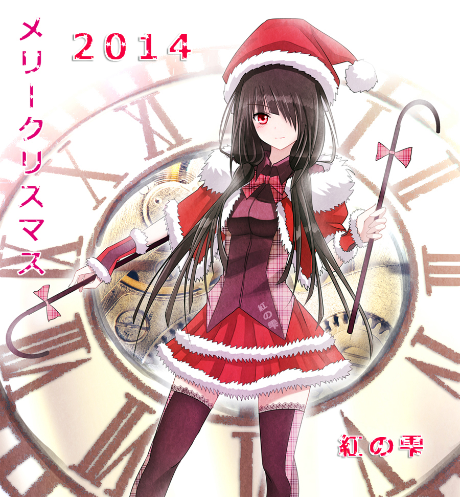 breasts, date_a_live, hat, kurenai_no_shizuku, long_hair, looking_at_viewer, red_eyes, santa_costume