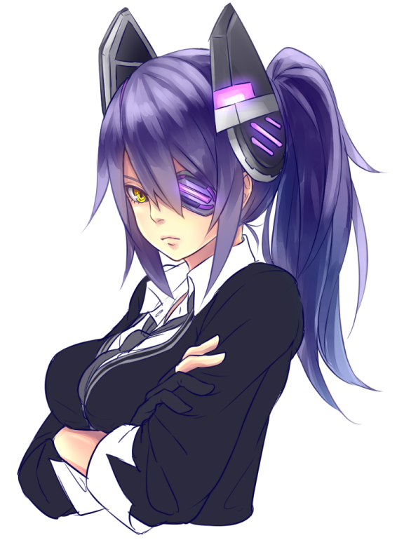 1girl, alternate_hairstyle, breasts, crossed_arms, eyepatch, gloves, headgear, kantai_collection