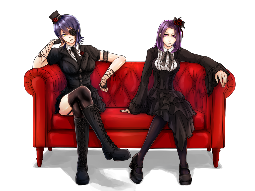 2girls, boots, breasts, eyepatch, fingerless_gloves, gloves, gothic_lolita, hat
