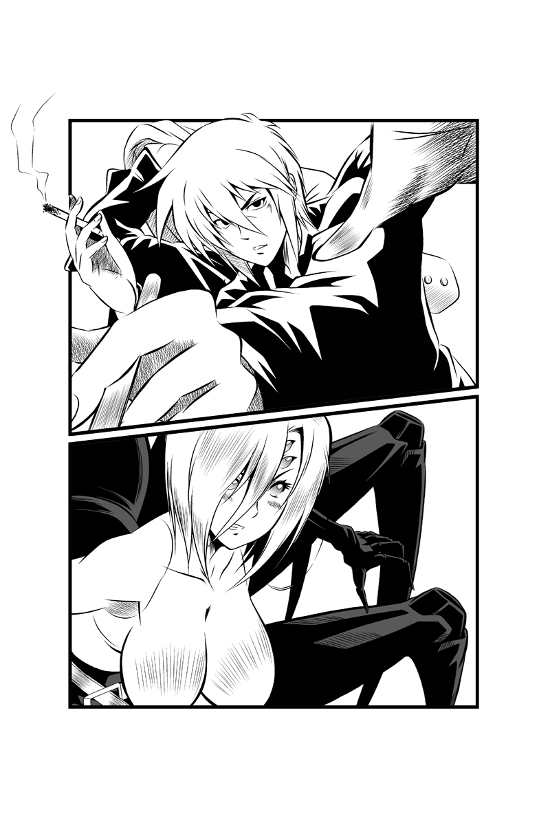1boy, 1girl, arachne, breasts, cigarette, claws, crossover, extra_arms