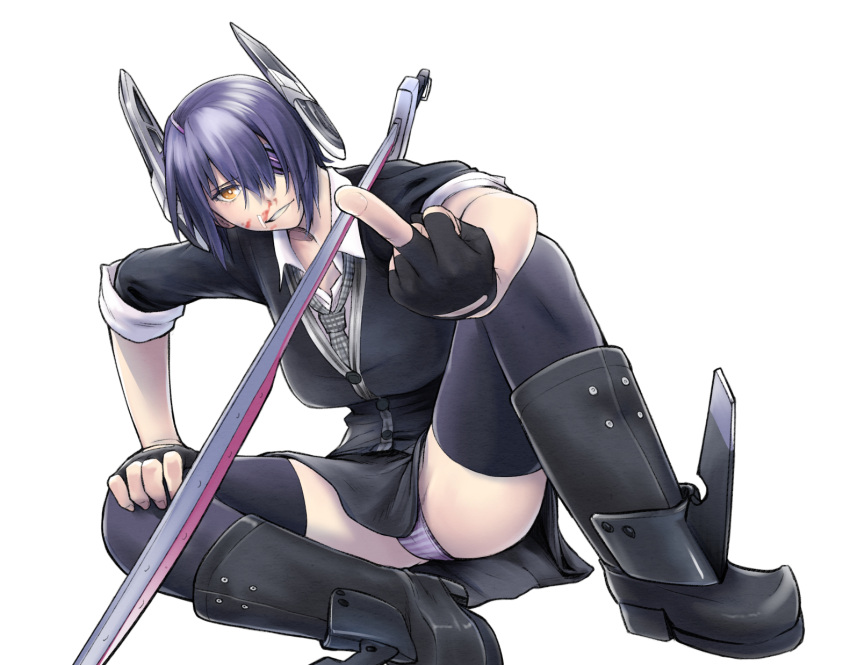 1girl, blood, boots, breasts, eyepatch, gloves, headgear, highres