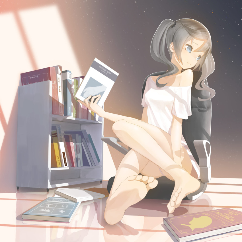 1girl, barefoot, black_hair, book, bookshelf, chair, feet, grey_eyes