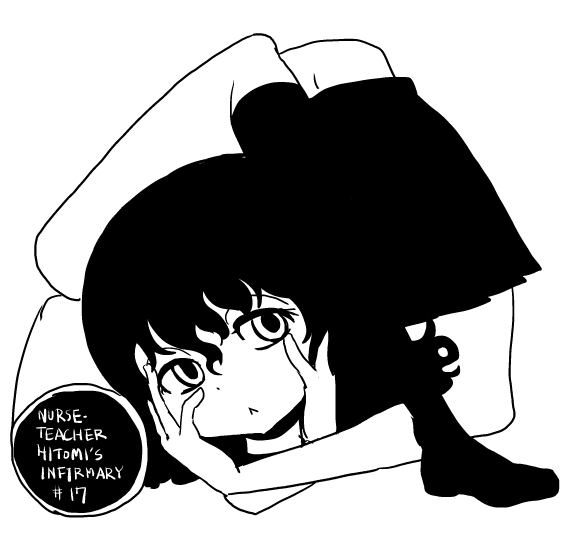 1girl, copyright_name, disembodied_head, disembodied_limb, fujimi_yomi, full_body, hitomi_sensei_no_hokenshitsu, monochrome