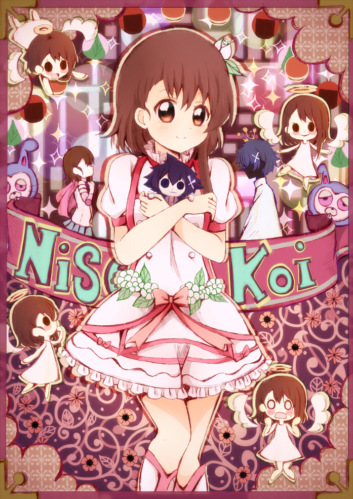 brown_eyes, brown_hair, cape, character_doll, copyright_name, dress, halo, ichijou_raku