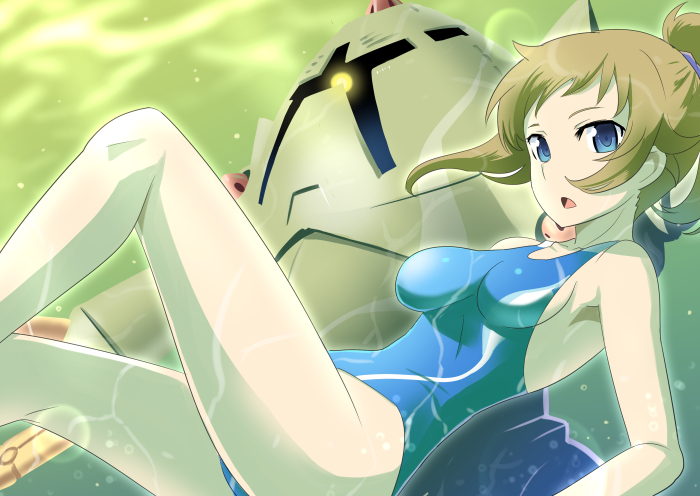 05_(passelclow), 1girl, blue_eyes, brown_hair, competition_swimsuit, gundam, gundam_build_fighters, gundam_build_fighters_try