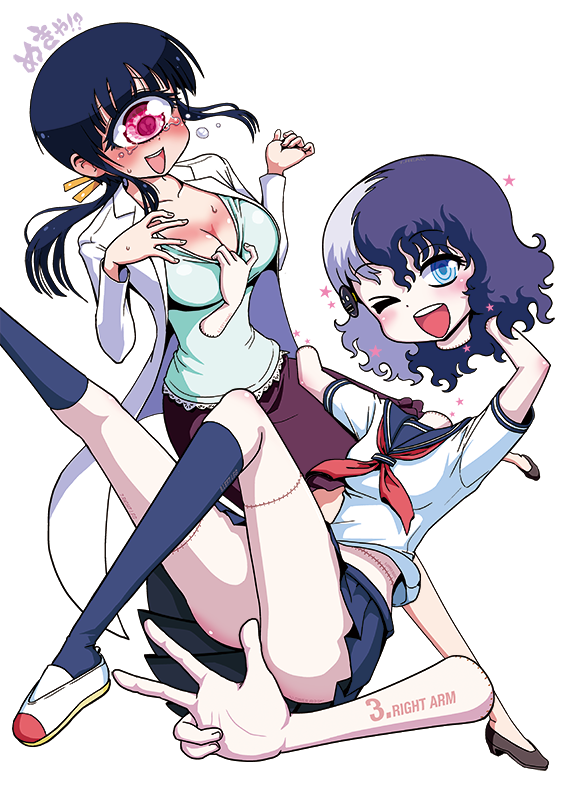 2girls, blue_eyes, blue_hair, blush, breasts, cleavage, cyclops, disembodied_head
