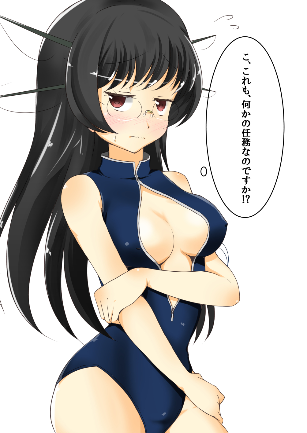 1girl, black_hair, blush, breasts, choukai_(kantai_collection), cleavage, competition_swimsuit, flying_sweatdrops, front_zipper_swimsuit, gagerabut, glasses, headgear, highres, kantai_collection, large_breasts, long_hair, looking_at_viewer, one-piece_swimsuit, red_eyes, simple_background, solo, swimsuit, thought_bubble, translation_request, upper_body, white_background