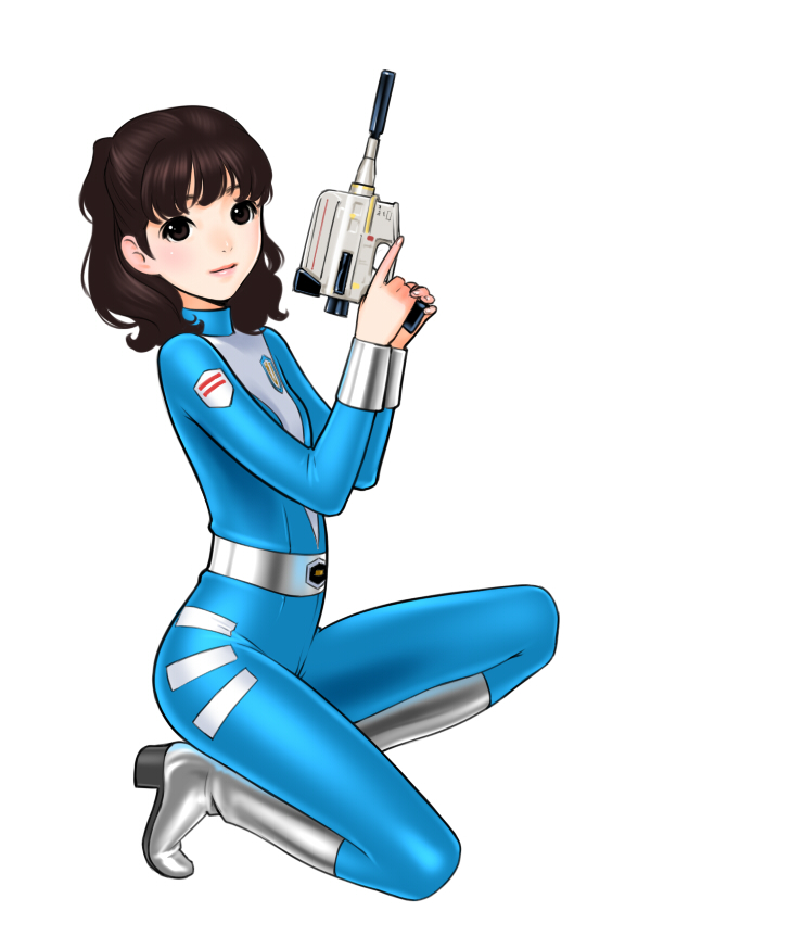 1girl, annie_(skullgirls), annie_(uchuu_keiji_shaider), annie_(uchuu_keiji_shaider)_(cosplay), belt, bodysuit, boots, brown_eyes, brown_hair, energy_gun, sano_toshihide, skullgirls, solo, squatting, uchuu_keiji_shaider, weapon