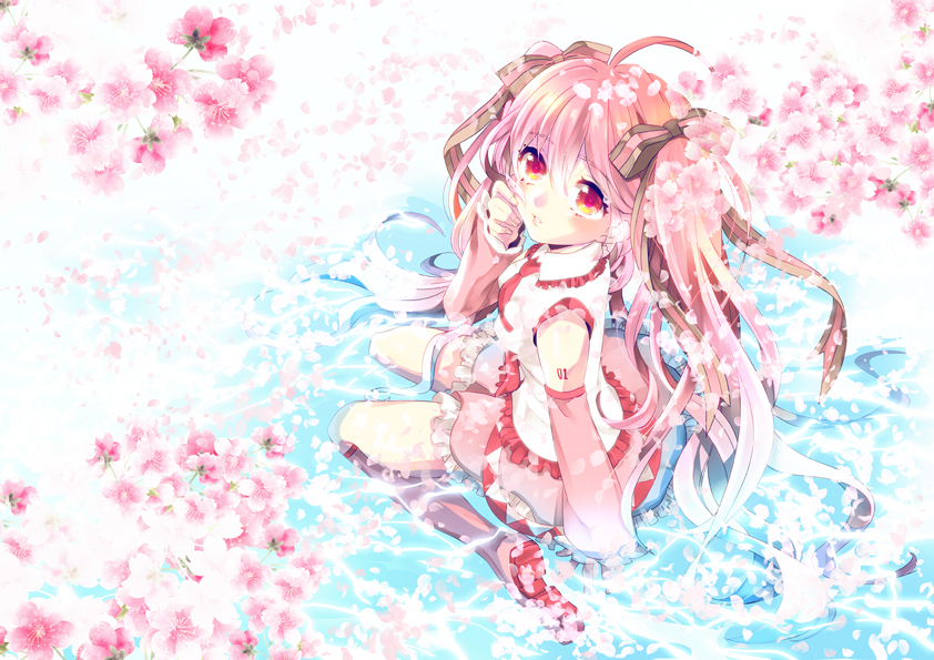 1girl, boots, cherry_blossoms, detached_sleeves, hair_ribbon, hatsune_miku, ichi_kotoko, knee_boots, long_hair, petals, pink_hair, red_eyes, ribbon, sakura_miku, sitting, skirt, solo, very_long_hair, vocaloid, wariza, water