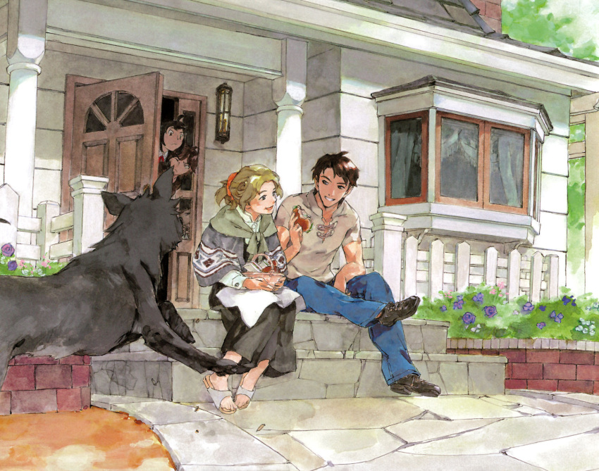 1boy, 4girls, black_hair, blonde_hair, blue_eyes, cleo_everlastin, dog, edge_finrandi