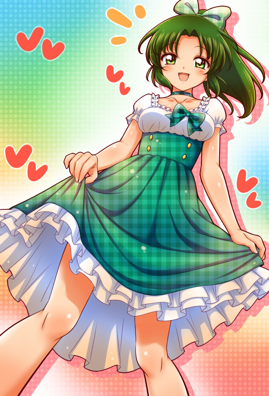 1girl, :d, blush, bow, choker, dress, green_eyes, green_hair