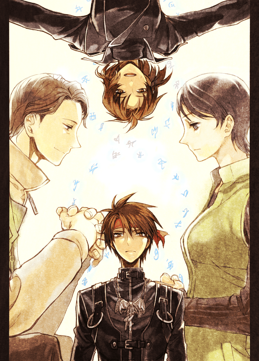 2boys, 2girls, almagest_betislisa, azalie_cait_sith, black_hair, brown_eyes, brown_hair, headband