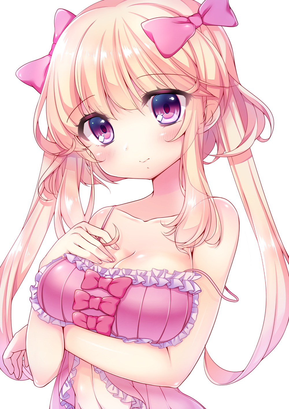 1girl, babydoll, bare_shoulders, blonde_hair, bow, breast_hold, breasts, cleavage