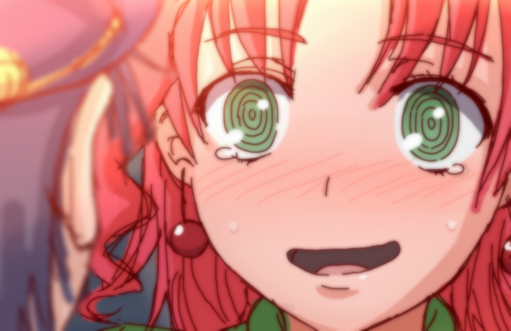2boys, androgynous, blurry, blush, depth_of_field, earrings, green_eyes, jewelry, jojo_no_kimyou_na_bouken, kakyouin_noriaki, kuujou_joutarou, male_focus, multiple_boys, ojichan_(asibue765), open_mouth, redhead, sketch, solo_focus, tears