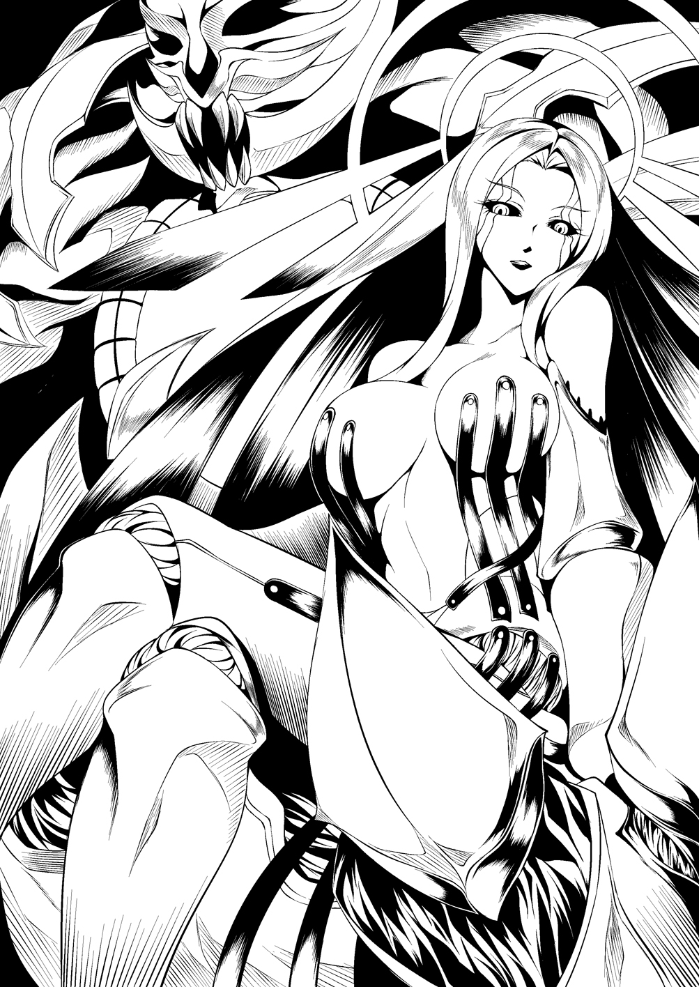 1girl, aragami, arda_nova, bare_shoulders, black_background, black_sclera, breasts, claws, crossed_legs, eyelashes, facial_tattoo, god_eater, god_eater_burst, halo, highres, izayoi_kaname, long_hair, looking_down, monochrome, monster, no_humans, open_mouth, parted_lips, sharp_teeth, simple_background, sitting, tattoo, very_long_hair