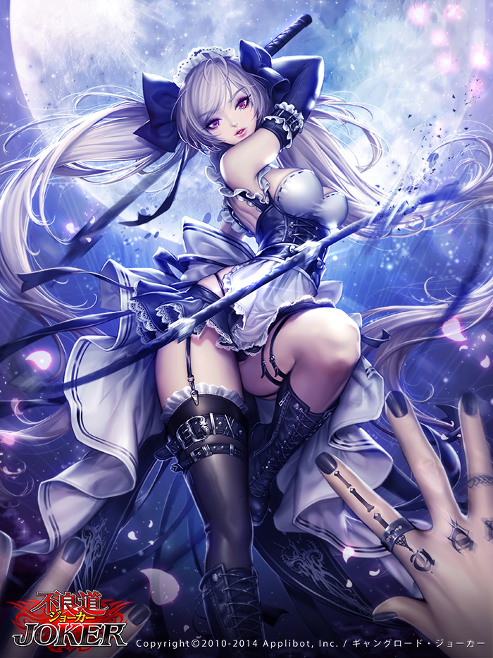 1girl, apron, boots, bow, corset, dadachyo, detached_sleeves, frilled_legwear