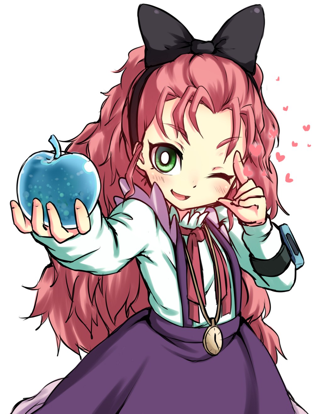 1girl, ;d, bow, crystal_apple, green_eyes, hair_bow, heart, highres
