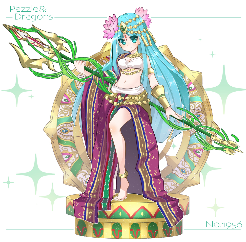 1girl, aqua_eyes, aqua_hair, barefoot, engrish, firuo_(king_fish), headdress, jewelry, midriff, navel, parvati_(p&amp;d), polearm, puzzle_&amp;_dragons, ranguage, solo, trident, weapon