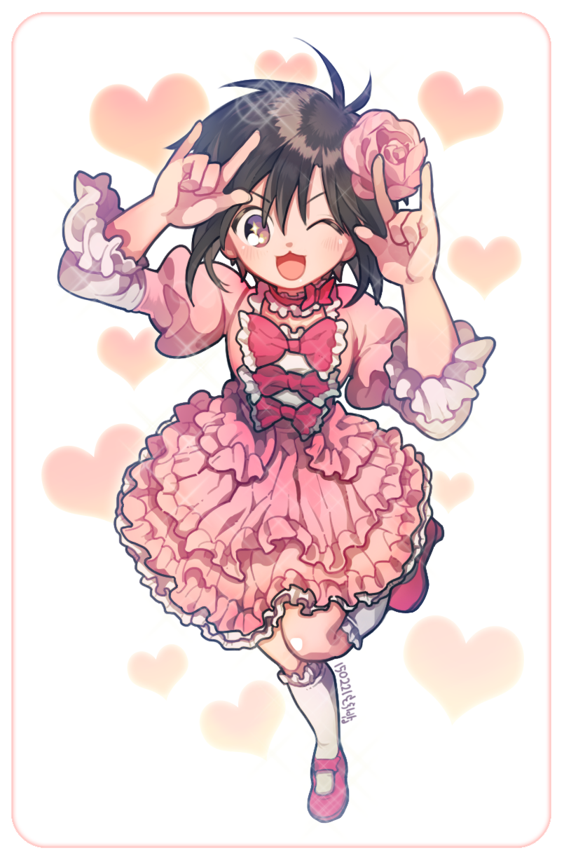 1girl, :3, antenna_hair, black_hair, bow, choker, dress, frilled_dress