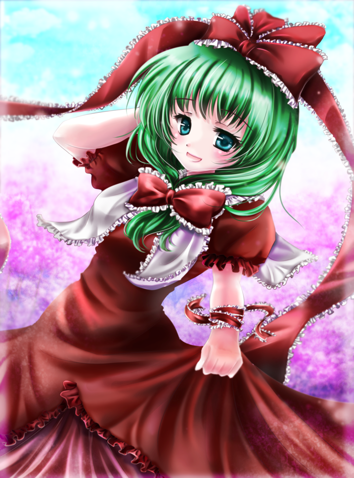 1girl, blue_sky, blush, cherry_blossoms, dress, front_ponytail, green_eyes, green_hair