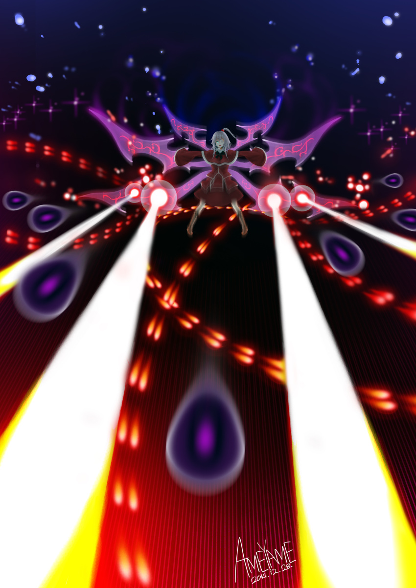 absurdres, ameyame, artist_name, capelet, danmaku, demon_wings, dress, highres