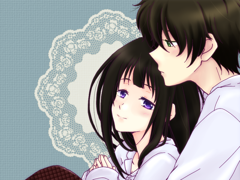 1boy, 1girl, black_hair, chitanda_eru, couple, evgrxxriu, green_eyes, hyouka